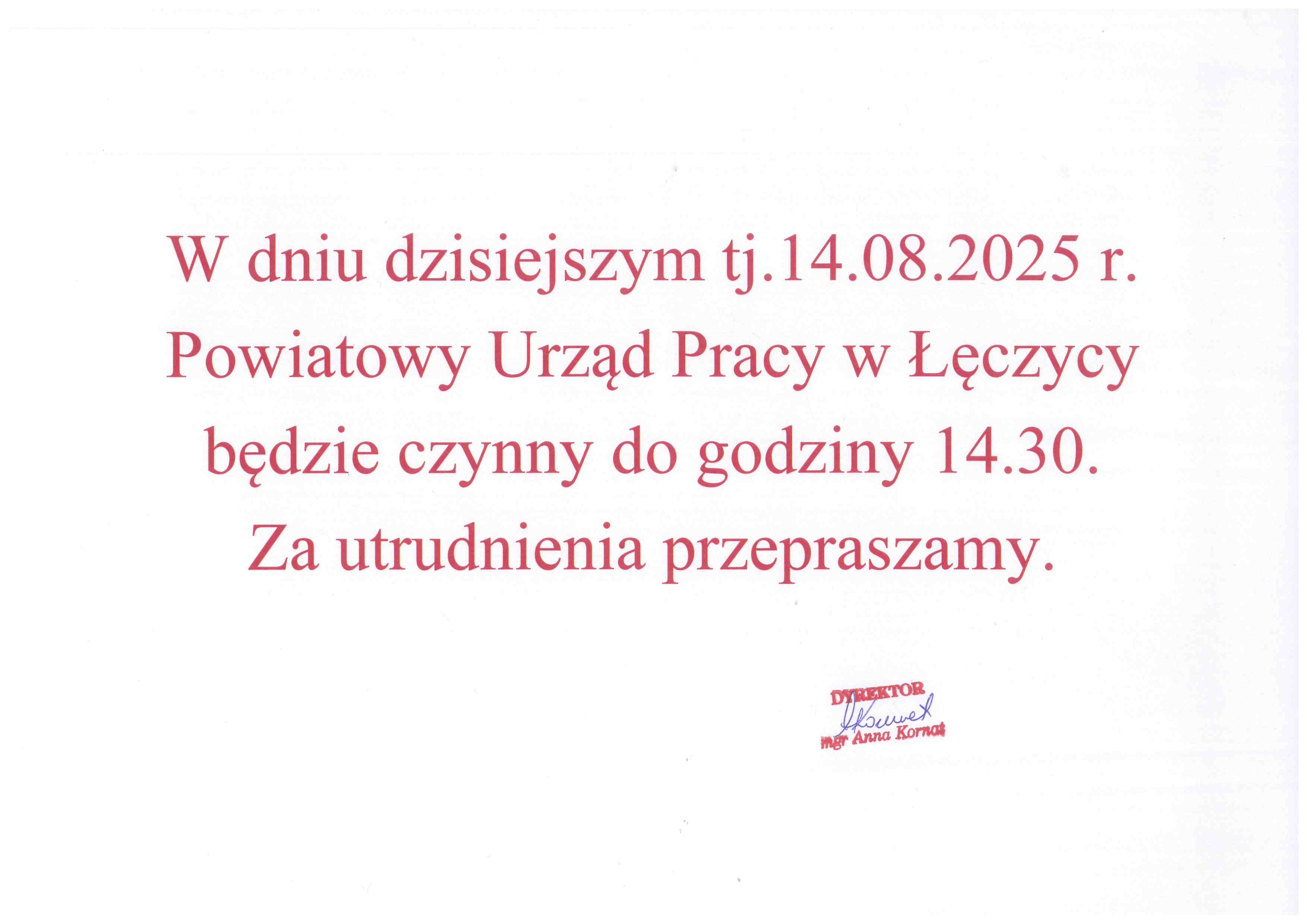 Zdjęcie artykułu W dniu 14.08.2025 r. Powiatowy Urząd Pracy w Łęczycy będzie czynny do 14:30!
