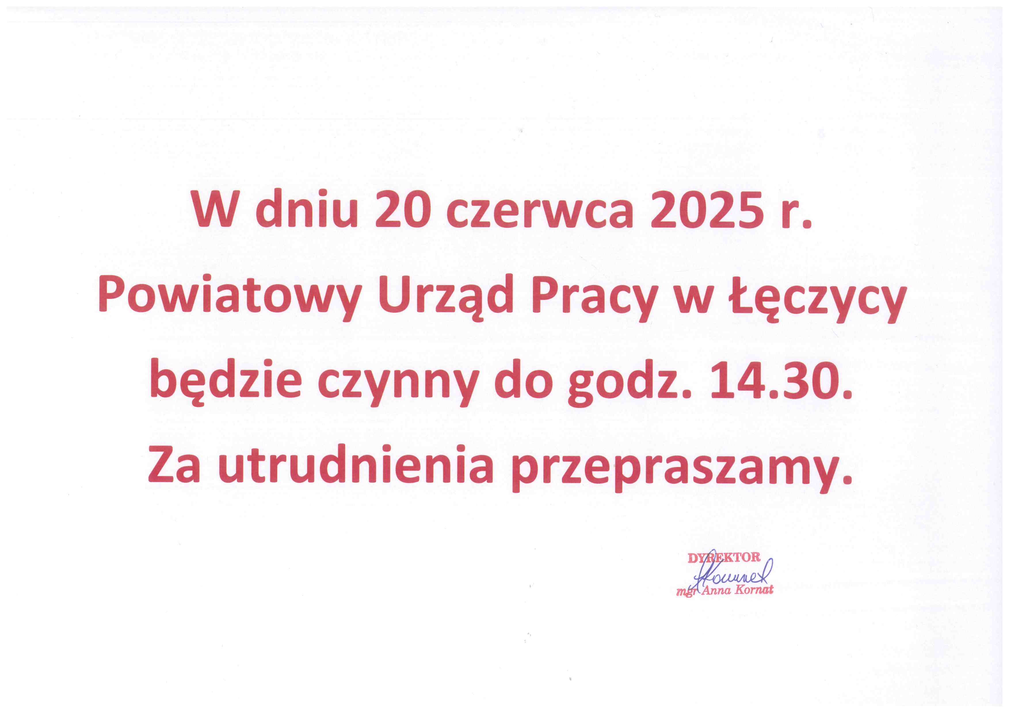Zdjęcie artykułu W dniu 20 czerwca 2025 r. Powiatowy Urząd Pracy w Łęczycy będzie czynny do godziny 14:30!