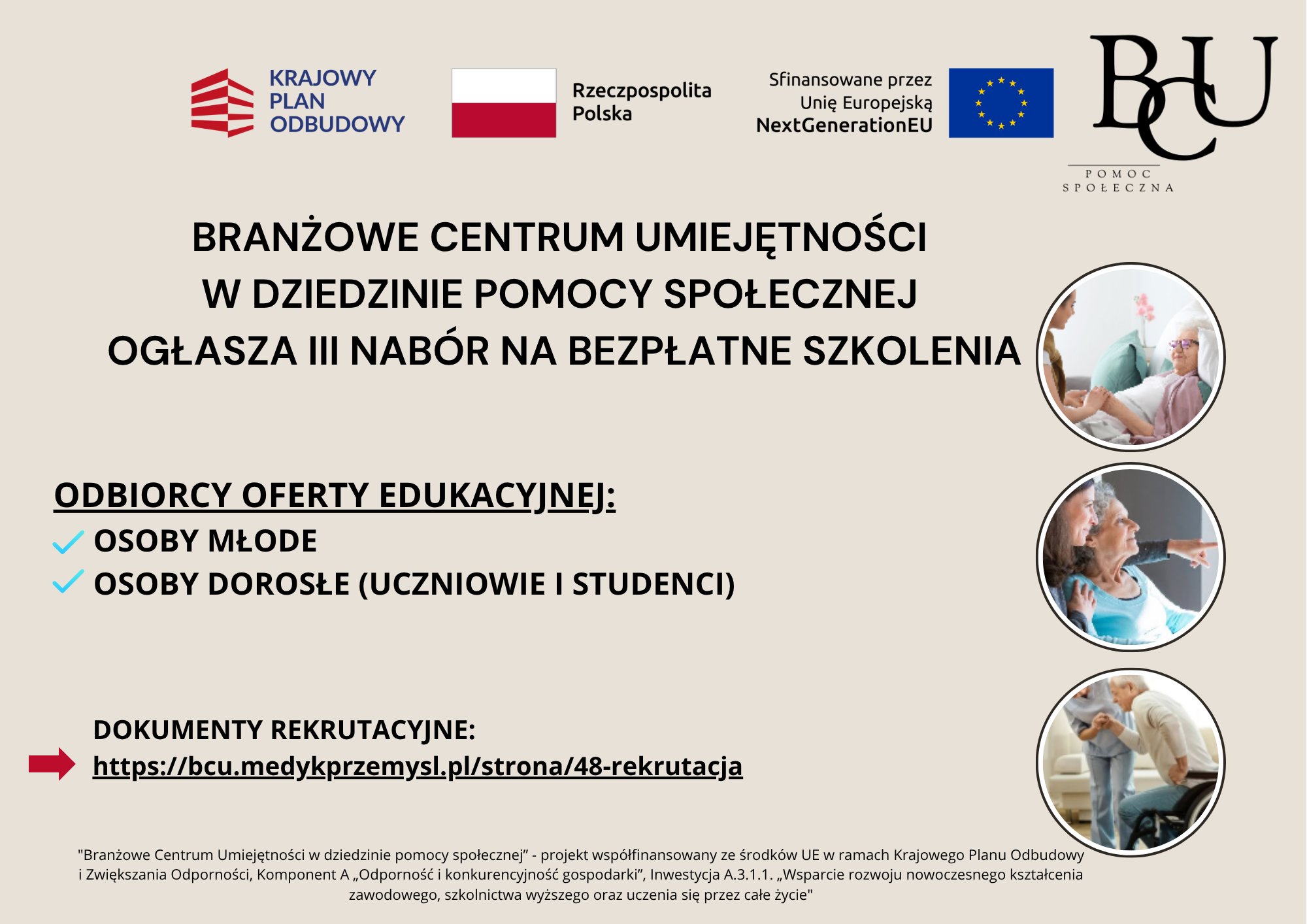 Zdjęcie artykułu Branżowe Centrum Umiejętności w dziedzinie pomocy społecznej ogłasza III nabór na bezpłatne szkolenia.