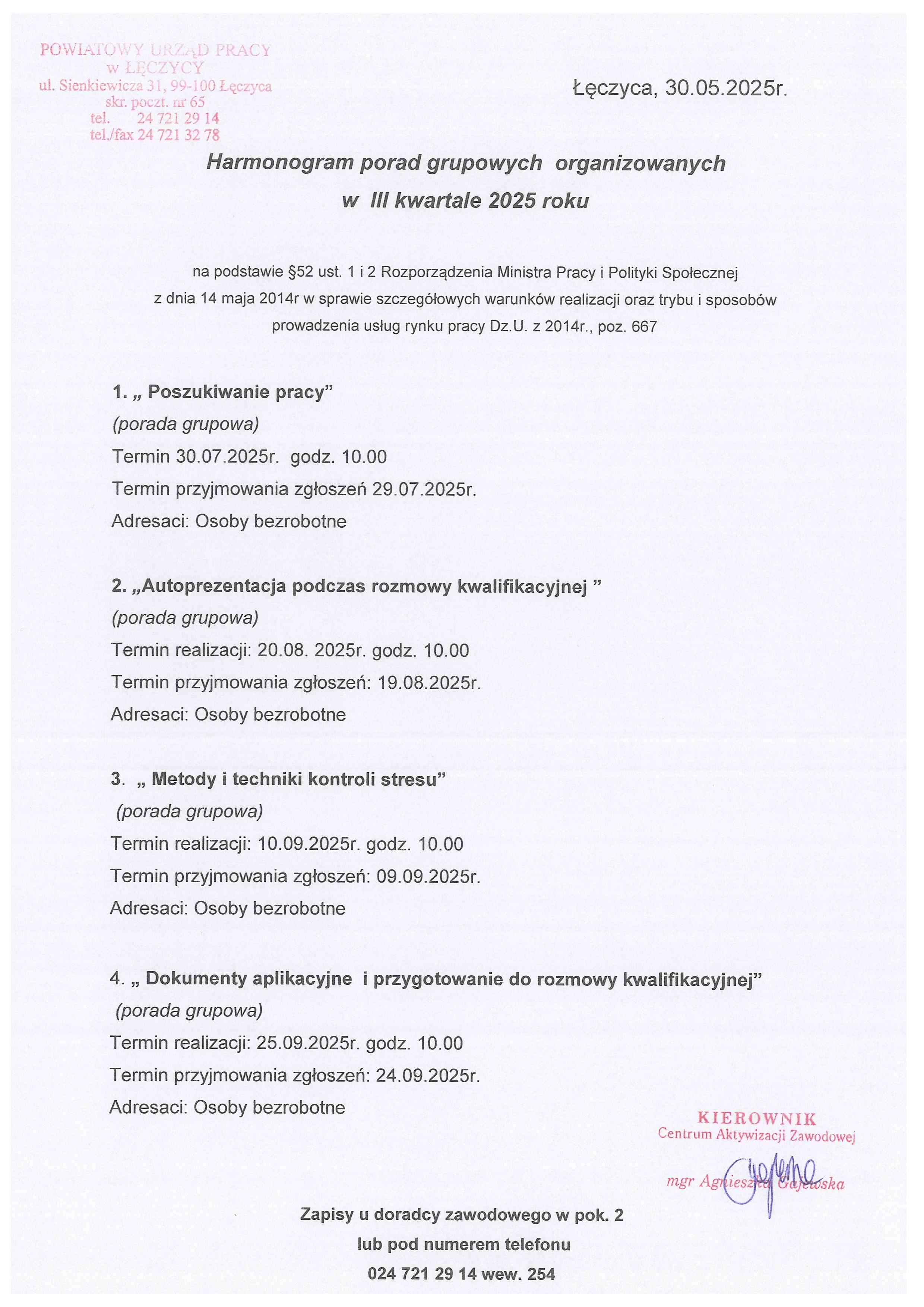 Zdjęcie artykułu Harmonogram porad grupowych organizowanych w III kwartale 2025 roku.