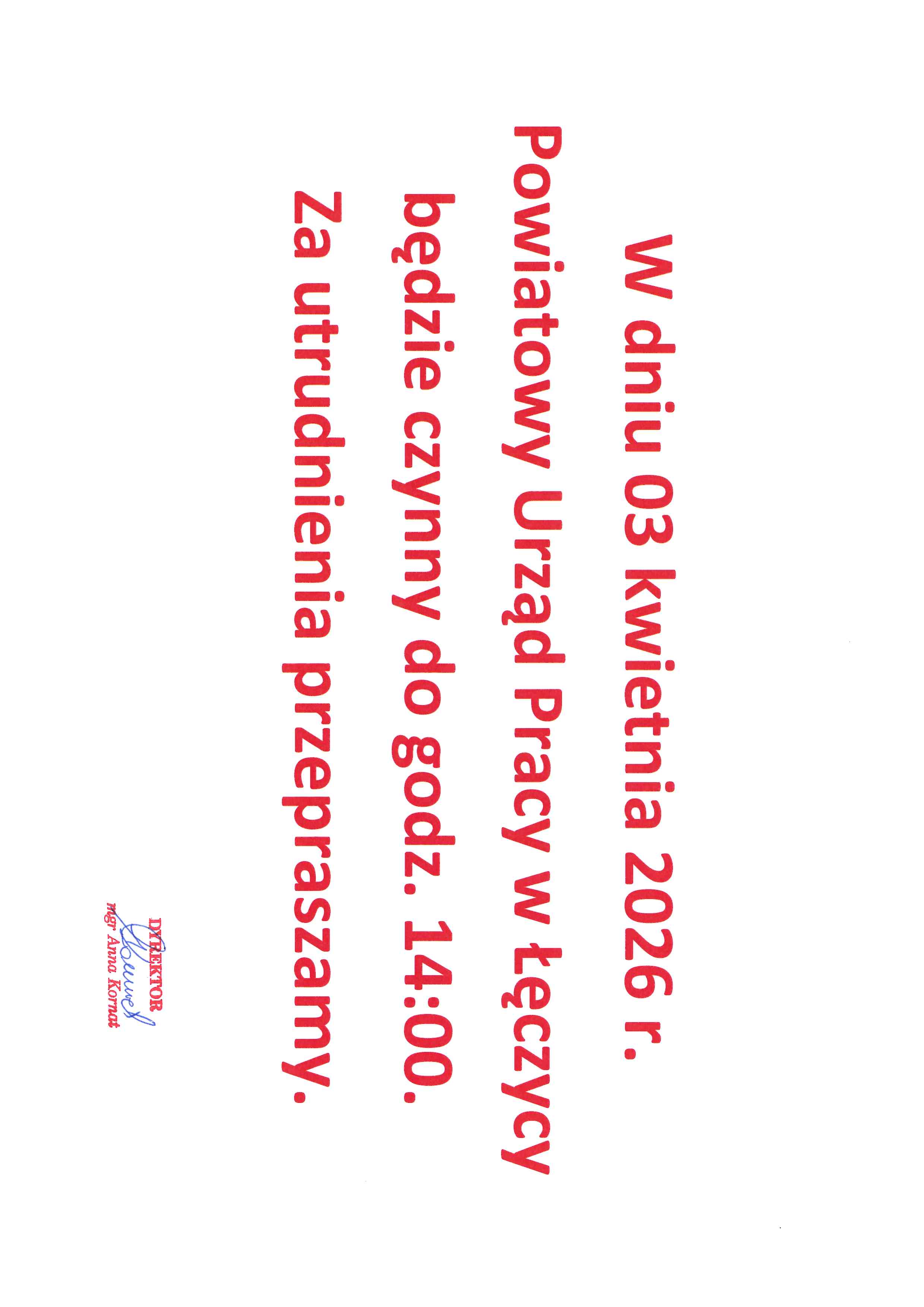 Skrócone godziny pracy 3 kwietnia 2026