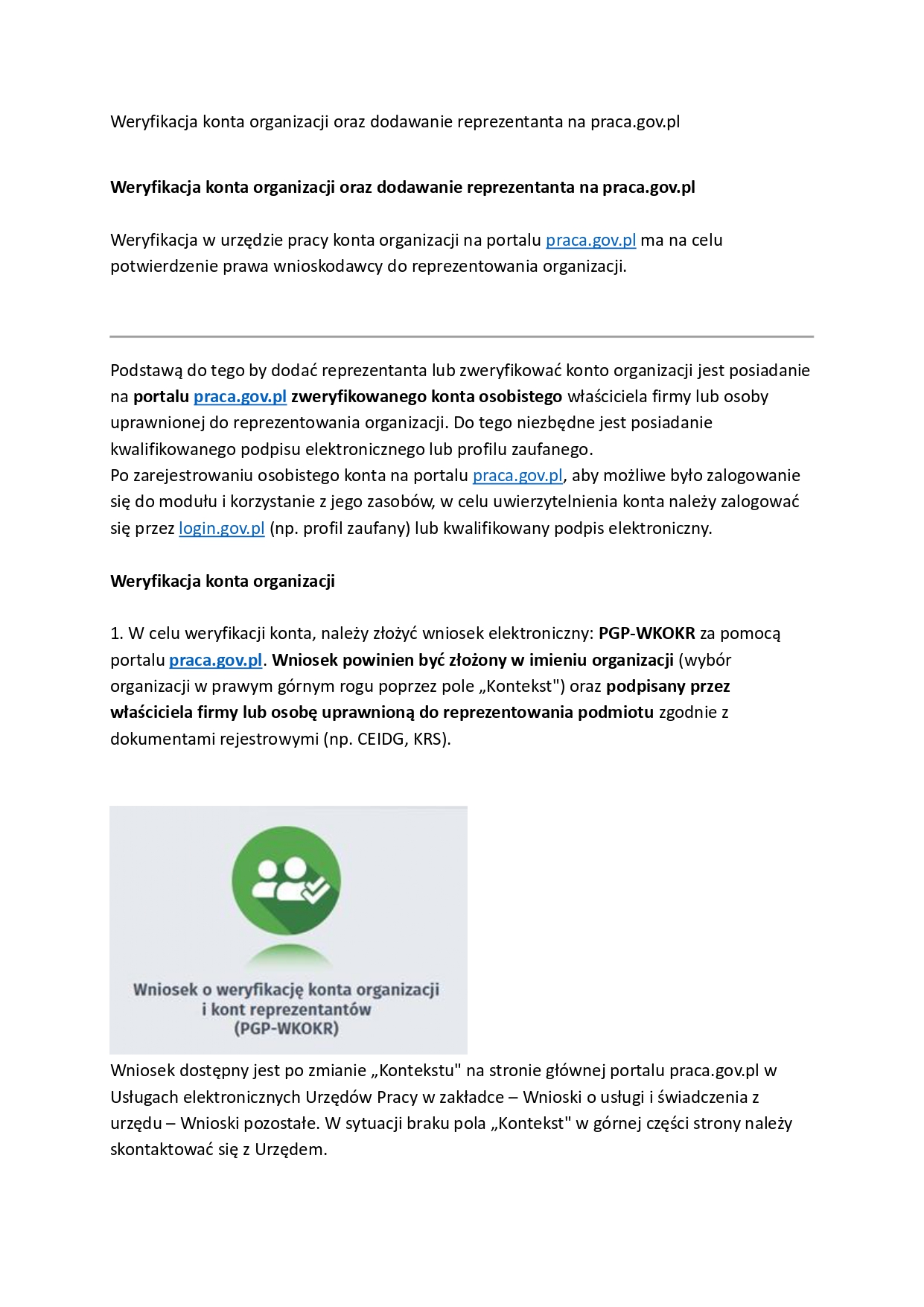 Instrukcja Weryfikacja konta organizacji oraz dodawanie reprezentanta na praca.gov