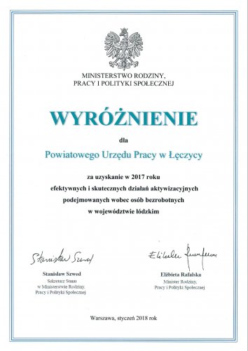 Wyróżnienie dla PUP w Łęczycy