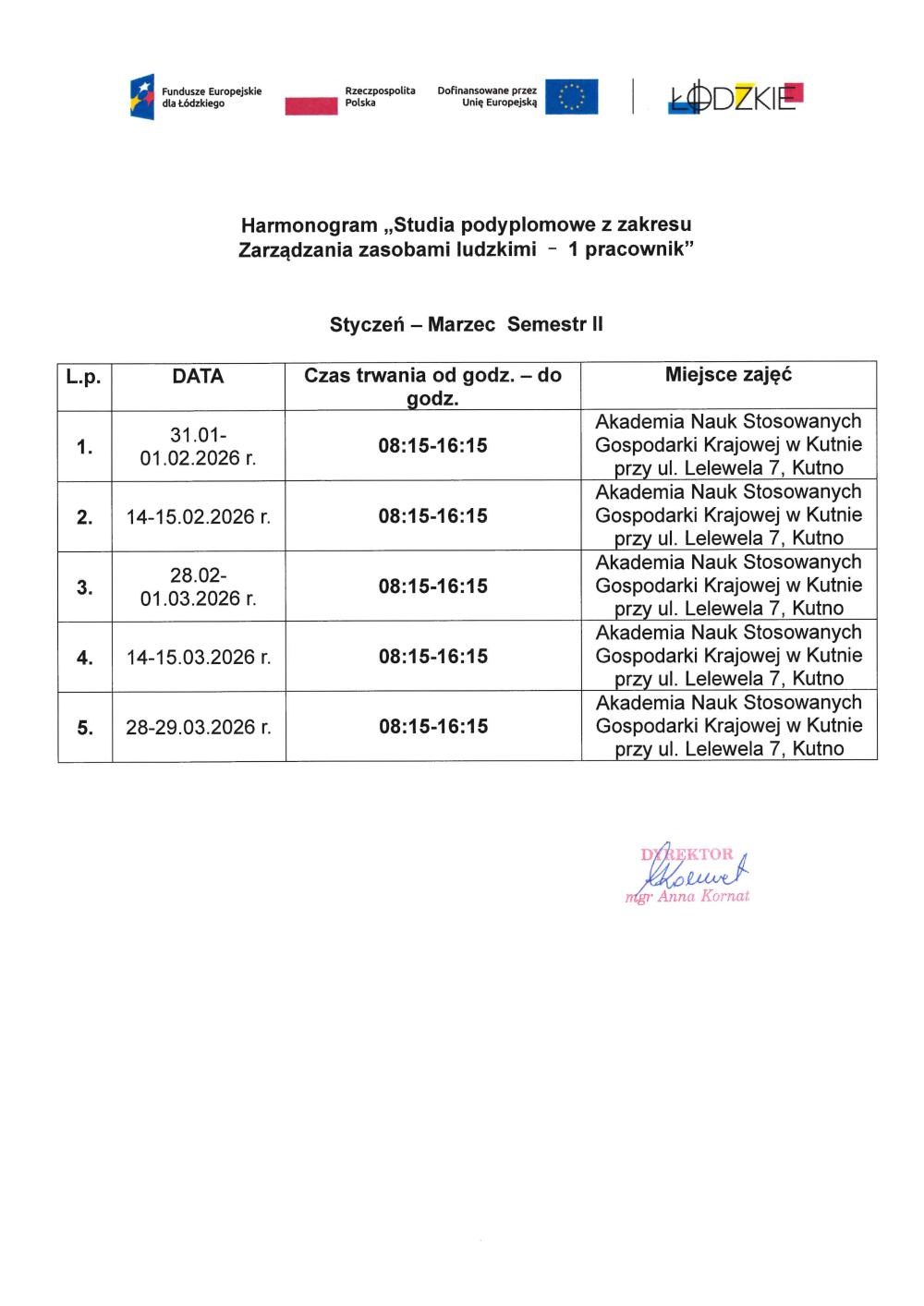 Harmonogram studia ZZL