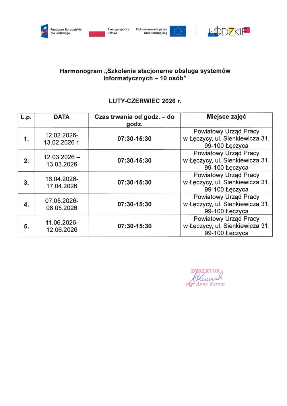 Harmonogram Szkolenie z obsługi systemów