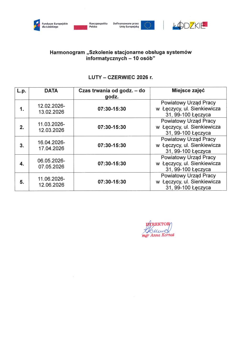 Harmonogram wsparcia