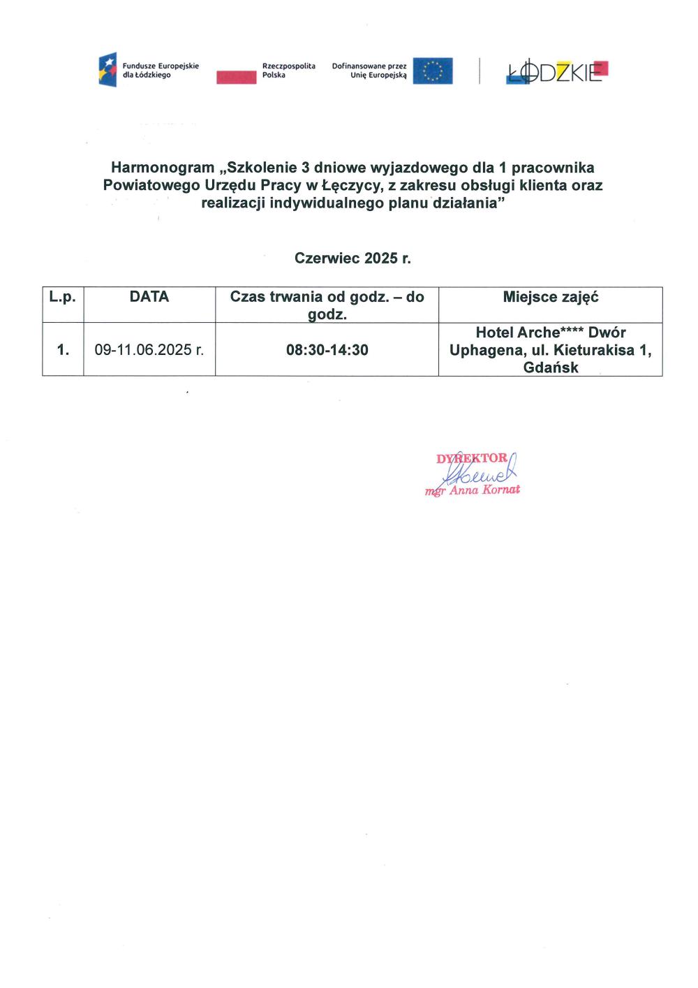 Harmonogram wsparcia Szkolenie 3 dniowe wyjazdowego dla 1 pracownika Powiatowego Urzędu Pracy w Łęczycy, z zakresu obsługi klienta oraz