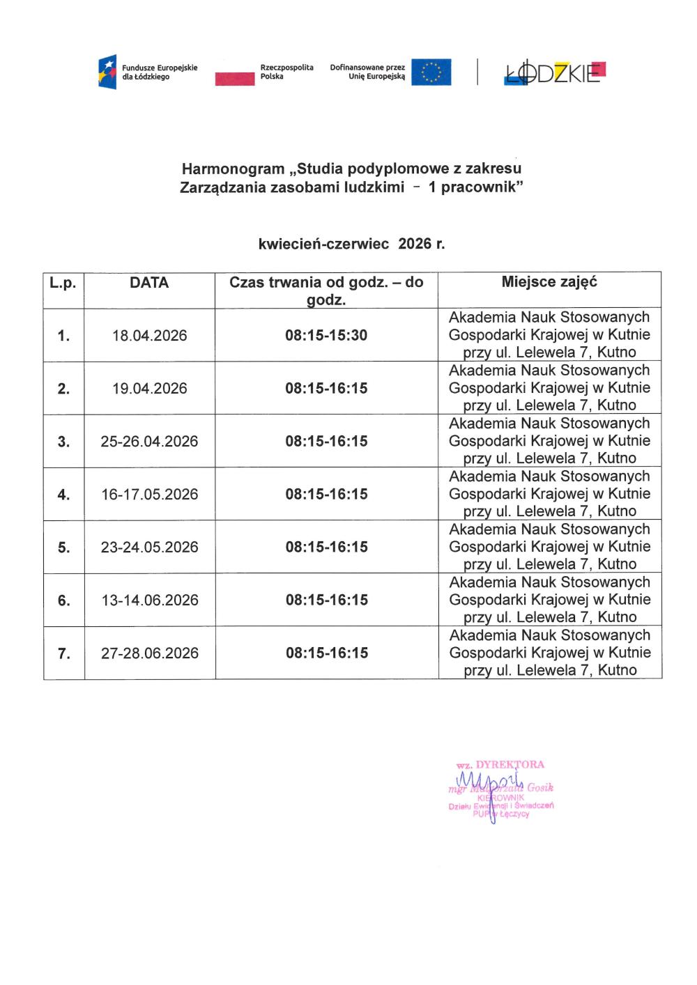 harmonogram wsparcia zarządzanie zasobami ludzkimi