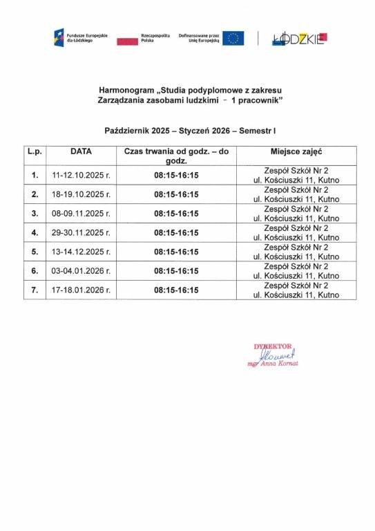 Harmonogram Studia podyplomowe z zakresu Zarządzania zasobami ludzkimi