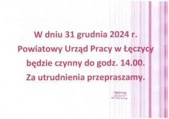 Zdjęcie artykułu W dniu 31.12.2024 r. Powiatowy Urząd Pracy w Łęczycy...